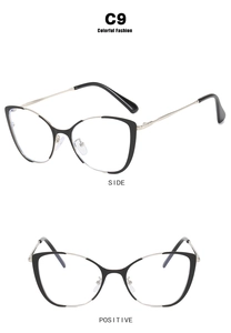 Detailed side and front view of cat-eye glasses frame C9 in black and gold finish