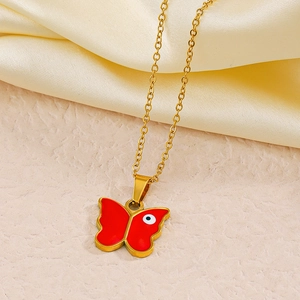 Goldene Edelstahlkette mit rotem Emaille-Schmetterling-Anhänger und Teufelsauge