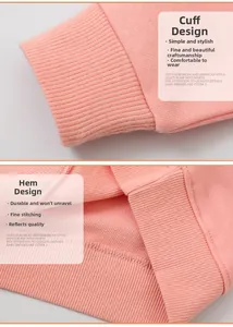 Close-up of pink cotton ribbed cuffs and hem stitching details on a toddler sweatshirt