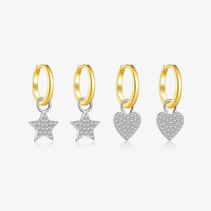 925 Sterling Silver Hoop Earrings With Heart Star Pendants Cubic Zirconia Micro Inlaid Fashion Jewelry Women