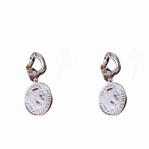 Vintage silver metal coin drop earrings with relief portraits and elegant pearl accents