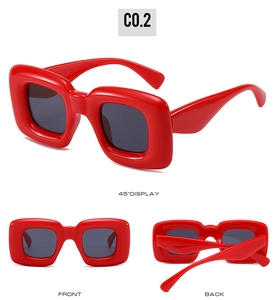Three-view display of red Y2K square sunglasses with thick frames and dark lenses