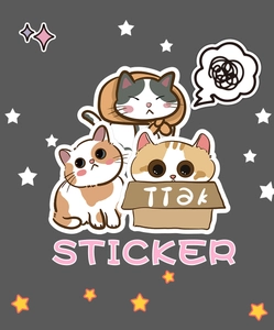 Close-up of cute cartoon cat stickers featuring a kitten in a cardboard box with stars
