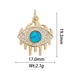 Evil eye pearl pendant charm detail with 19.3mm height and 17.0mm width measurements