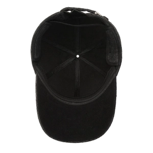 Inside view of a black wool baseball cap for seniors featuring inner lining and ear protection