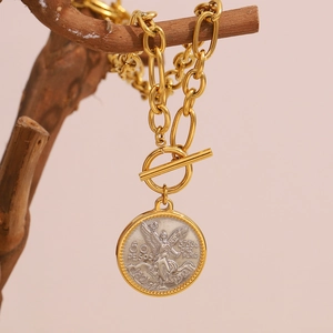 Vintage 18K gold plated stainless steel coin pendant necklace with stylish OT toggle clasp