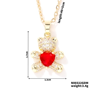 Detailed size specifications for gold bear pendant necklace with red heart zircon inlay
