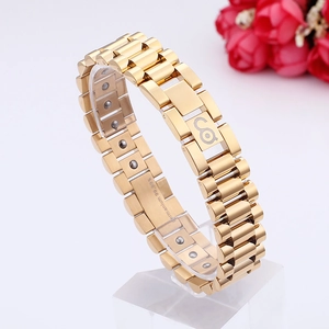 Luxury gold titanium steel watch-style magnetic bracelet with germanium stone inlay