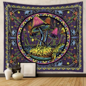Psychedelic bohemian wall tapestry featuring a sea turtle and fantasy mushroom forest
