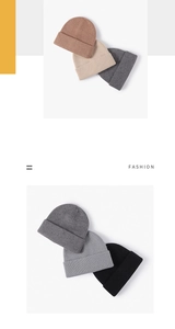 Close-up of six plain knitted beanies in brown, beige, grey, and black for winter warmth
