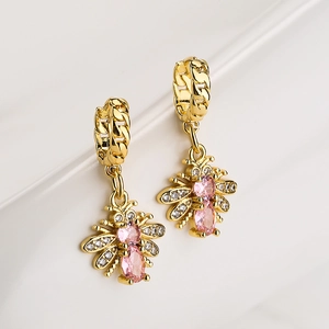 Copper Bee Dangle Earrings Gold Plated With Zirconia Colorful Stone Animal Shape Huggie Hoop For Women Fashion