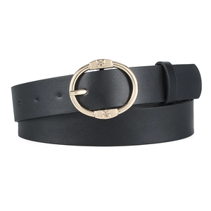 Slim black PU leather belt for women with a round gold buckle and butterfly details