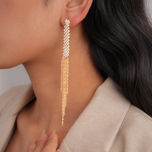 Elegant Luxury Long Tassel Dangle Earrings For Women Copper Rhinestone With Steel Earring Post Western Style