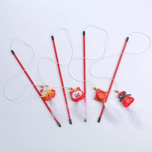 4-piece red New Year cat teaser wand set with fortune cat charms and white feathers
