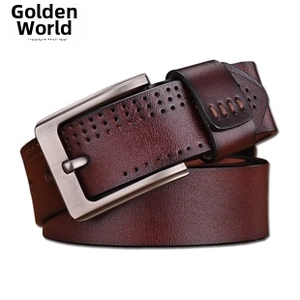 Detailed view of brown leather belt with brushed metal pin buckle and perforated design