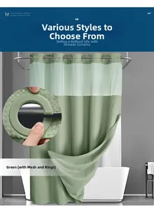Detail view of green waffle weave shower curtain with translucent mesh top and C-type hooks