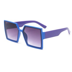 Retro square kids sunglasses with blue frame, purple temples and gradient lenses
