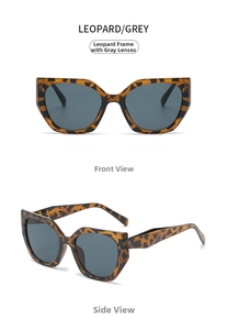 Front- und Seitenansicht der Katzenaugen-Sonnenbrille mit Leopardenmuster und grauen Gläsern