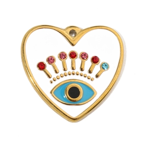 Vue macro du pendentif cœur œil protecteur avec cristaux et émail blanc poli