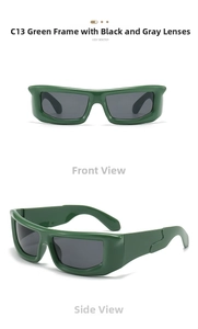 Front and side view of Y2K punk square green frame sunglasses with dark grey lenses