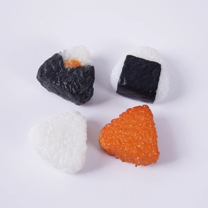 Realistic Japanese Onigiri food models set showing four different rice ball designs