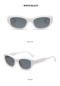 Front and side view of white cat eye sunglasses with dark grey lenses and wide temples