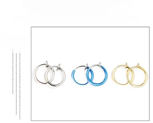 Three-color set of stainless steel spring clip-on earrings in silver, gold, and blue