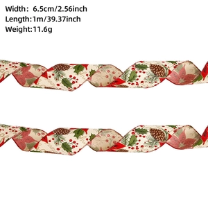 Detailed view of 6.5cm Christmas faux burlap ribbon with pinecone and holly prints