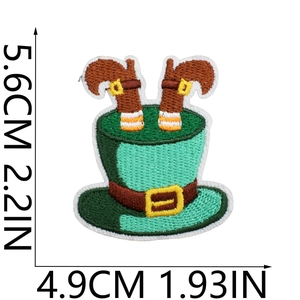 Detailed close-up of a green leprechaun hat patch with precise dimensions and stitching