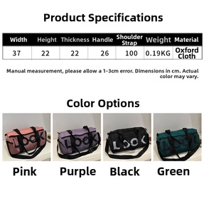Detailed size guide for Oxford fabric sports bags showing four colors and dimensions