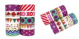 Detailed view of multiple colorful Washi tapes with cupcake and heart patterns