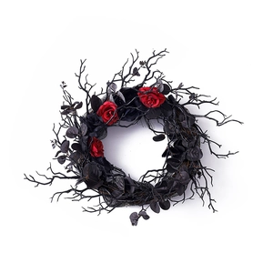 Gothic Halloween wreath with black branches and vibrant red roses on white background