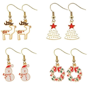 Christmas alloy earrings set with enamel reindeer, tree, snowman and wreath designs
