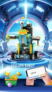 Macro view of Cyclops Robot showing gears and app-based graphical programming interface