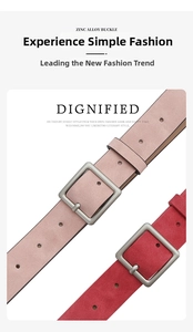 Detail of pink and red matte PU belts featuring high-quality silver zinc alloy square buckles
