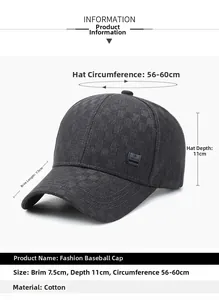 Detailed size chart for dark gray cotton baseball cap with fashion label and dimensions