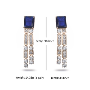 Detailed size view of luxury geometric blue crystal drop earrings with 5cm height measurement