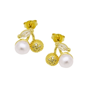 Detail view of cherry earrings with white pearls, pavé crystals and gold plating