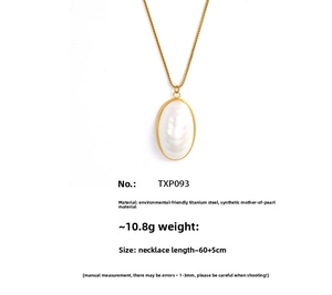 Detailed view of oval mother-of-pearl pendant on 18k gold plated titanium steel chain