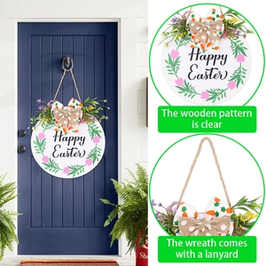 Detail of Happy Easter wooden door sign featuring clear wood texture and a durable lanyard