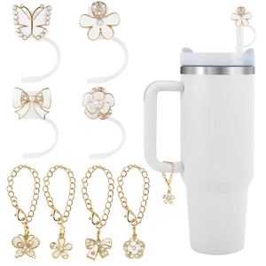 Sparkling rhinestone bow and flower straw topper set with chains for tumblers