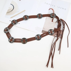 Bohemian braided brown waist belt with silver metal conchos and long tassels