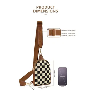 Sac bandoulière en similicuir à damier avec sangle réglable et dimensions précises