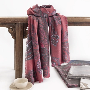 Thick burgundy paisley pashmina shawl with fringes for autumn and winter warmth