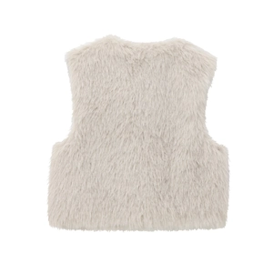 Detailed macro view showing the soft texture of the light beige faux fur vest