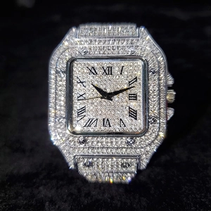 Iced out silver square watch for men featuring full diamond pavé and Roman numerals