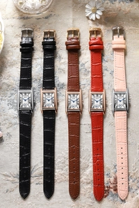 Five vintage small square quartz watches with alligator leather straps in various colors
