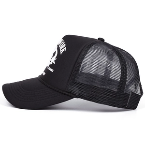 Retro Blackwork foam print trucker hat with black mesh panels and star graphics