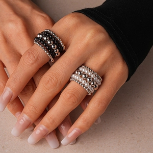 Multilayer beaded rings with pearls and silver beads in black and white styles