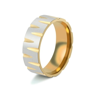 Two-tone stainless steel ring with brushed silver finish and golden textured carvings